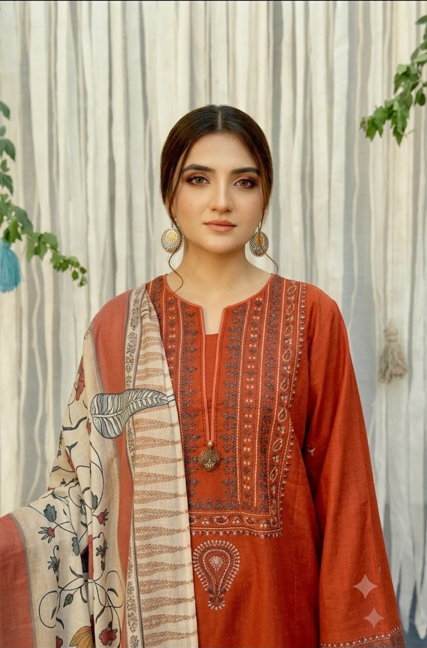 Nayab Rust Terracotta Embroidered Airjet Lawn 3-Piece Suit with Striped Printed Dupatta