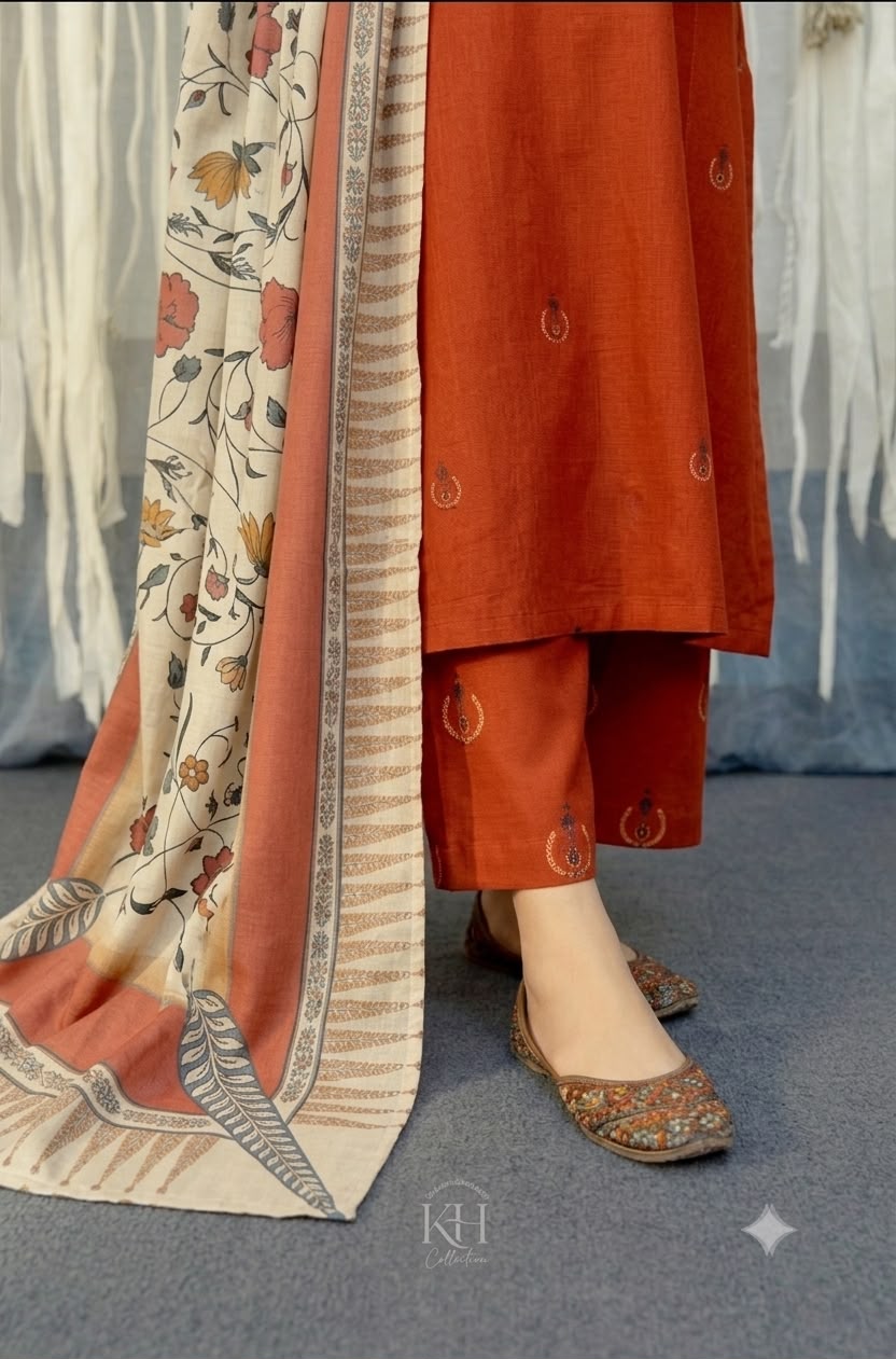 Nayab Rust Terracotta Embroidered Airjet Lawn 3-Piece Suit with Striped Printed Dupatta