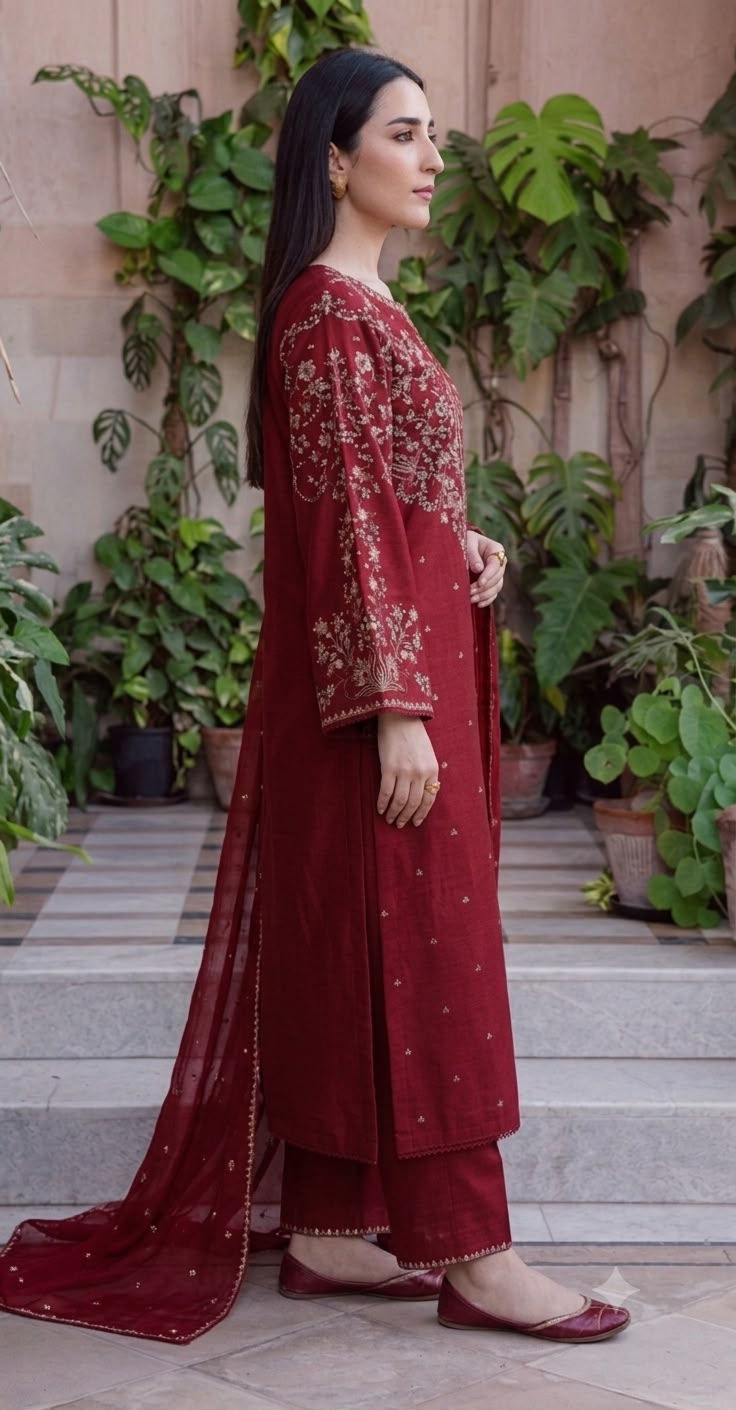 Nayab Deep Maroon Heavy Embroidered Airjet Lawn 3-Piece Suit with Cotton Net Dupatta