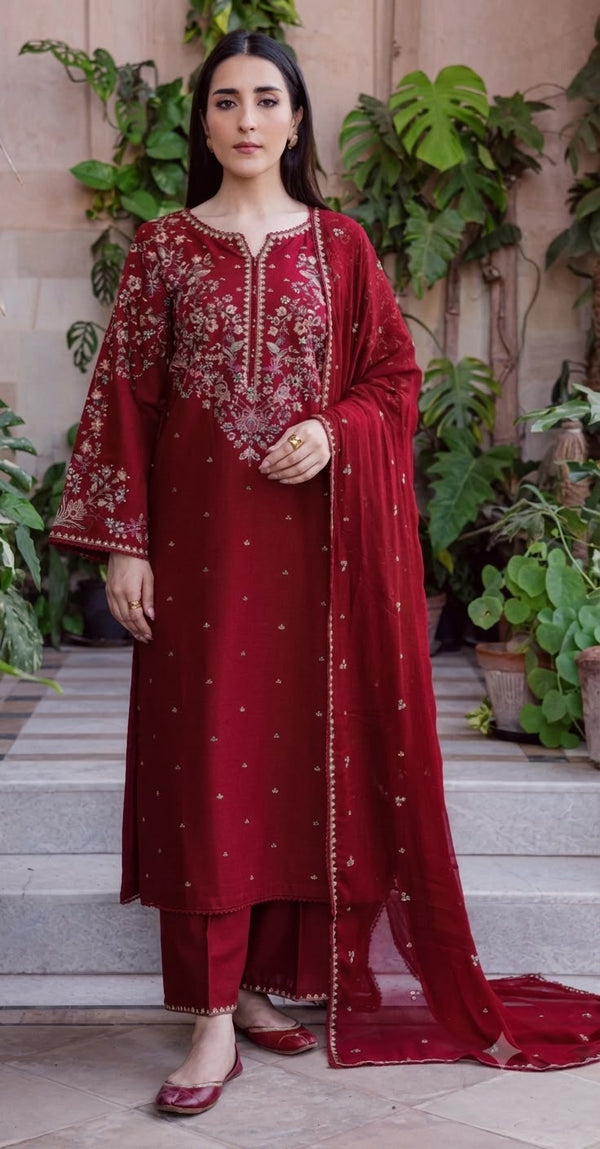 Nayab Deep Maroon Heavy Embroidered Airjet Lawn 3-Piece Suit with Cotton Net Dupatta
