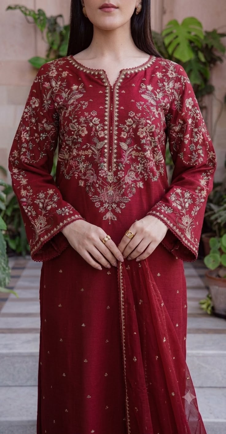 Nayab Deep Maroon Heavy Embroidered Airjet Lawn 3-Piece Suit with Cotton Net Dupatta