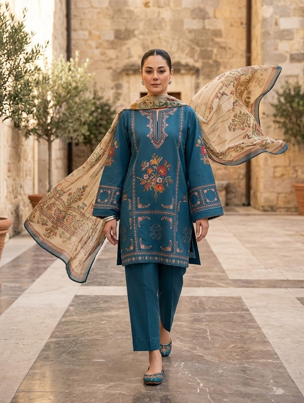 Nayab Premium 3-Piece Embroidered Lawn Suit – Teal Blue with Digital Printed Dupatta