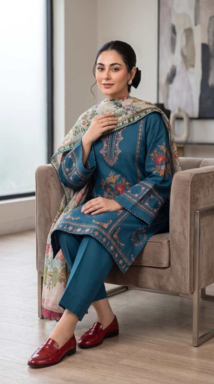 Nayab Premium 3-Piece Embroidered Lawn Suit – Teal Blue with Digital Printed Dupatta