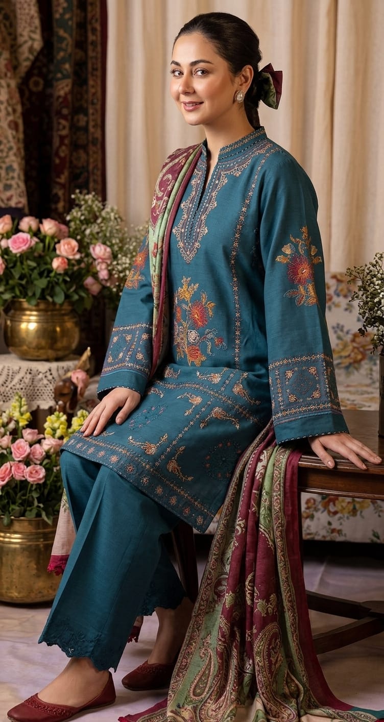 Nayab Premium 3-Piece Embroidered Lawn Suit – Teal Blue with Digital Printed Dupatta
