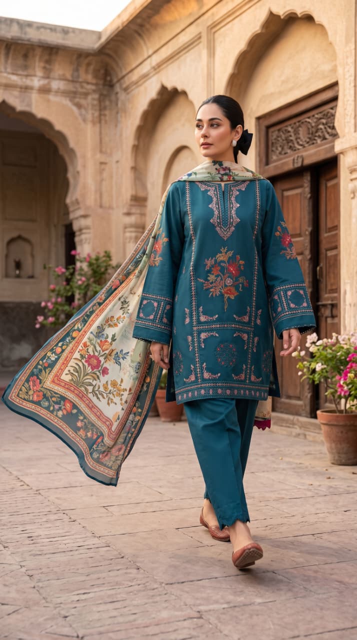 Nayab Premium 3-Piece Embroidered Lawn Suit – Teal Blue with Digital Printed Dupatta