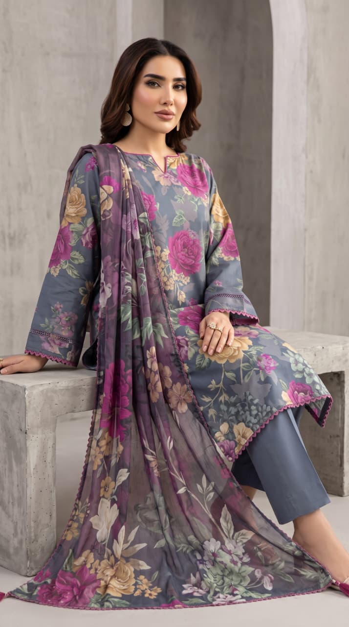 Nayab Midnight Bloom Digital Printed 3-Piece Lawn Suit