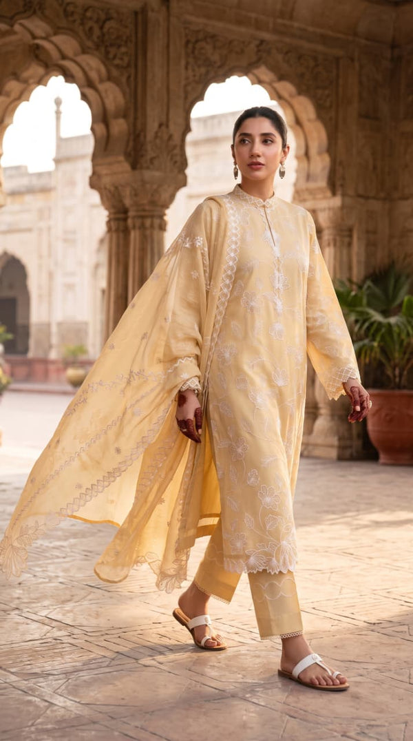 Nayab Premium 3-Piece Embroidered Lawn Suit – Beige Elegance with Digital Printed Dupatta