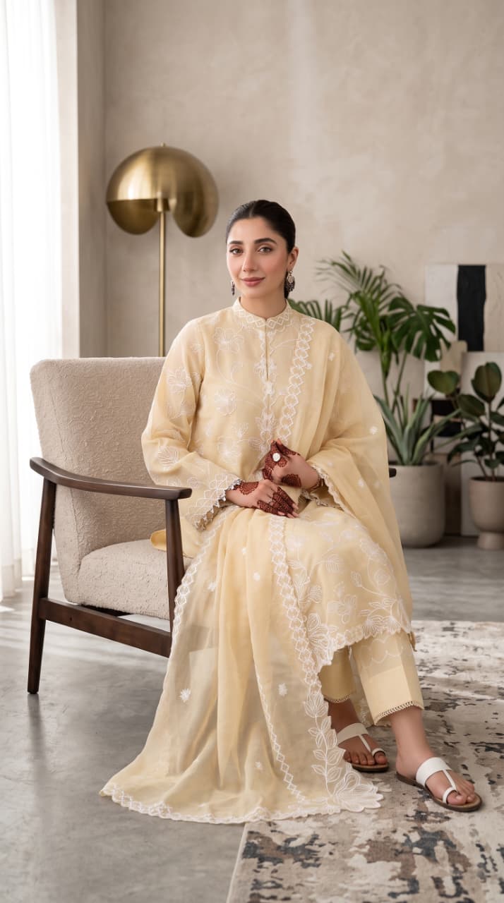 Nayab Premium 3-Piece Embroidered Lawn Suit – Beige Elegance with Digital Printed Dupatta