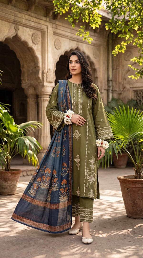 Nayab Premium 3-Piece Embroidered Lawn Suit – Olive Green with Digital Printed Dupatta