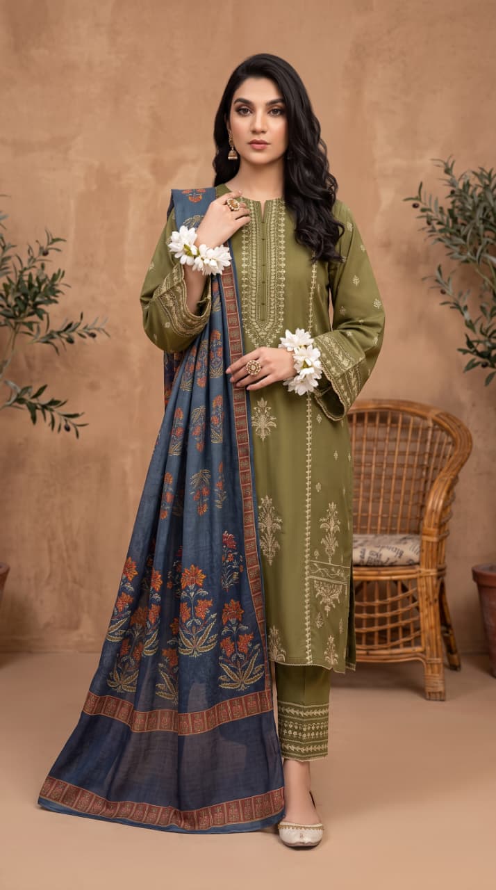 Nayab Premium 3-Piece Embroidered Lawn Suit – Olive Green with Digital Printed Dupatta