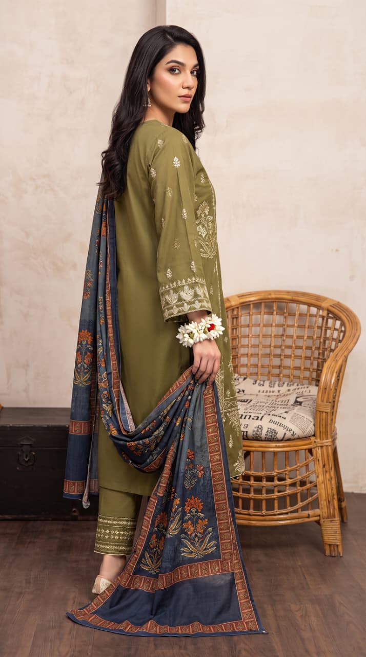 Nayab Premium 3-Piece Embroidered Lawn Suit – Olive Green with Digital Printed Dupatta