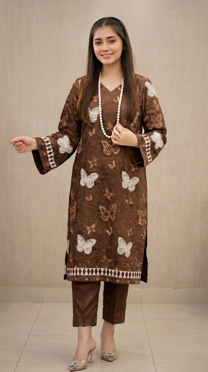 NAYAB Brown Embroidered Lawn 2 Piece Suit – Design 579