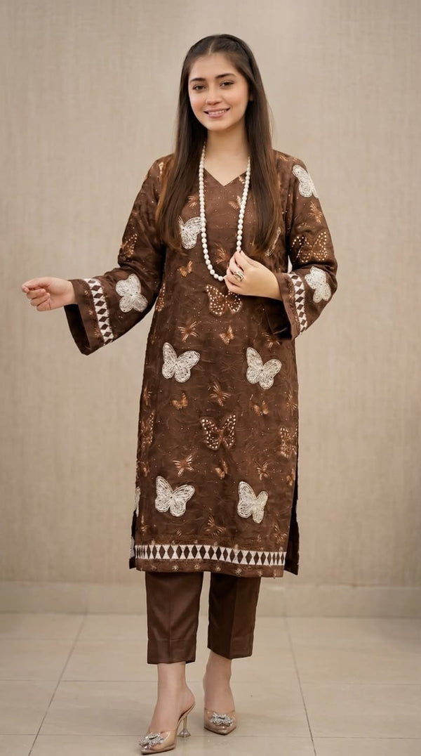 NAYAB Brown Embroidered Lawn 2 Piece Suit – Design 579