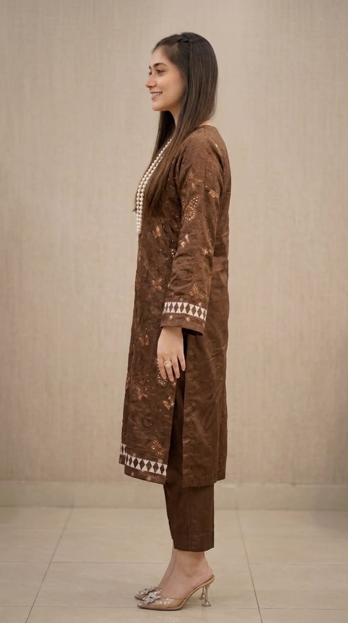 NAYAB Brown Embroidered Lawn 2 Piece Suit – Design 579