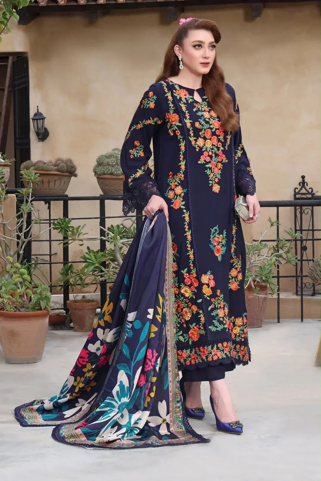NAYAB Navy Blue Embroidered Lawn 3 Piece Suit – Design 555A