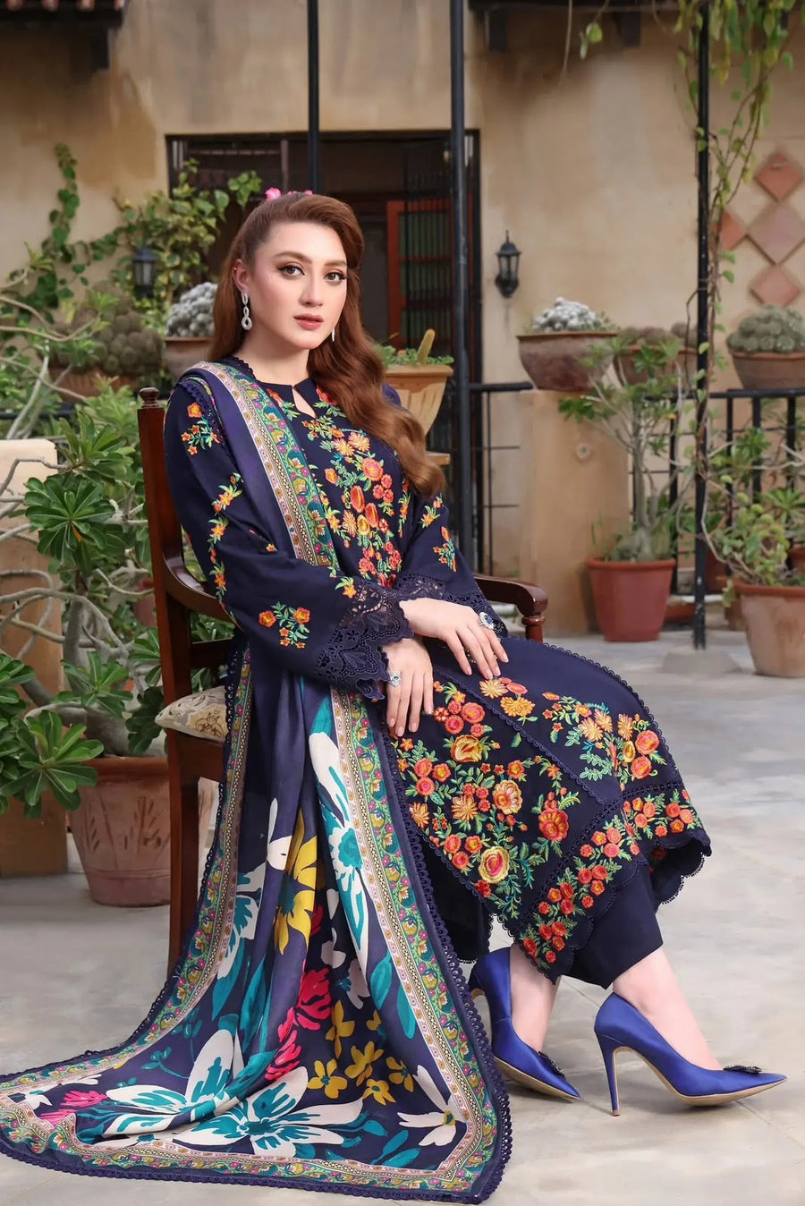 NAYAB Navy Blue Embroidered Lawn 3 Piece Suit – Design 555A