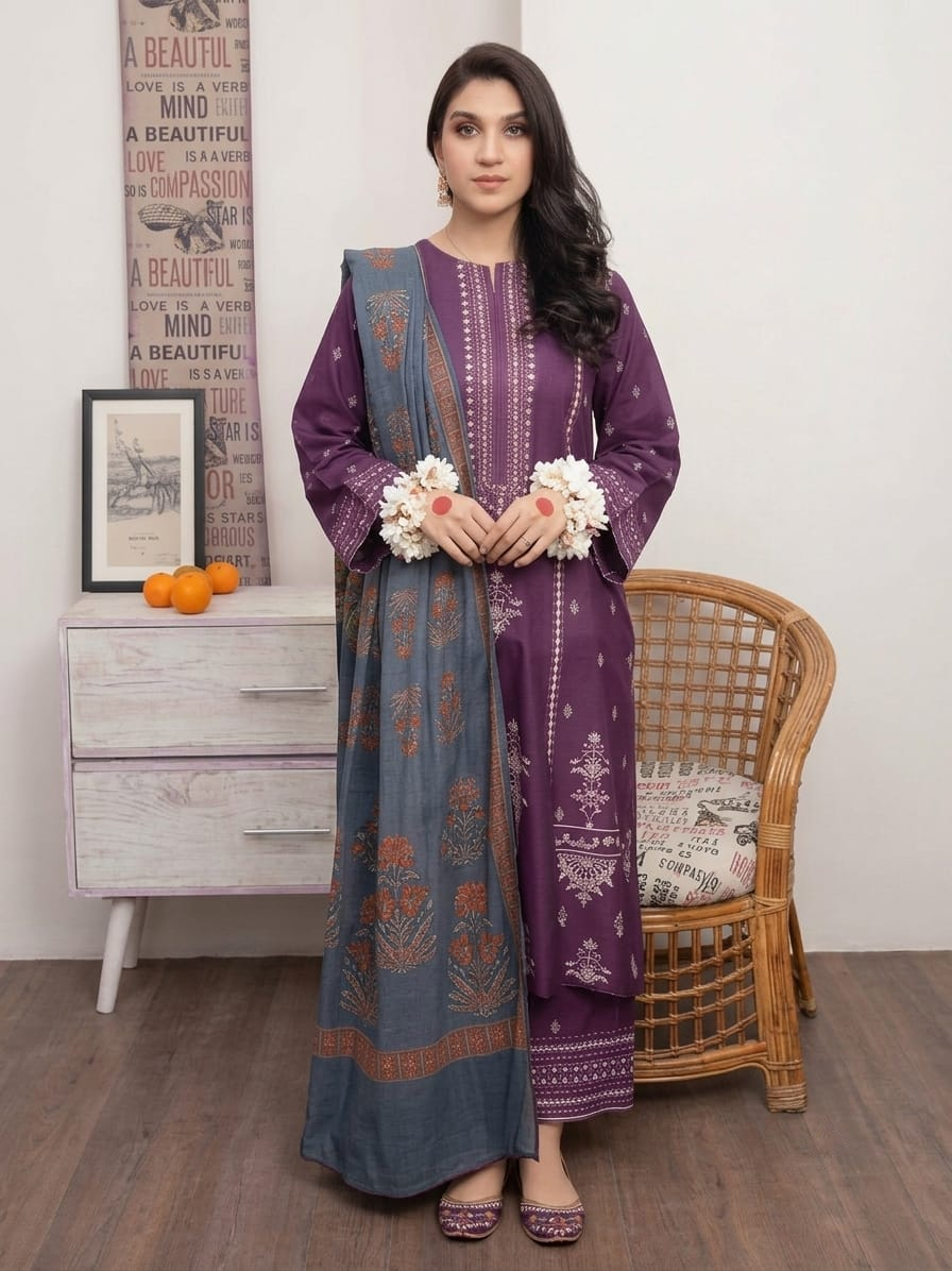 Nayab Premium 3-Piece Embroidered Lawn Suit – Royal Purple with Digital Printed Dupatta