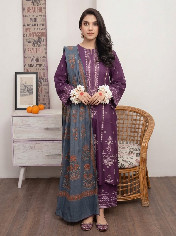 Nayab Premium 3-Piece Embroidered Lawn Suit – Royal Purple with Digital Printed Dupatta