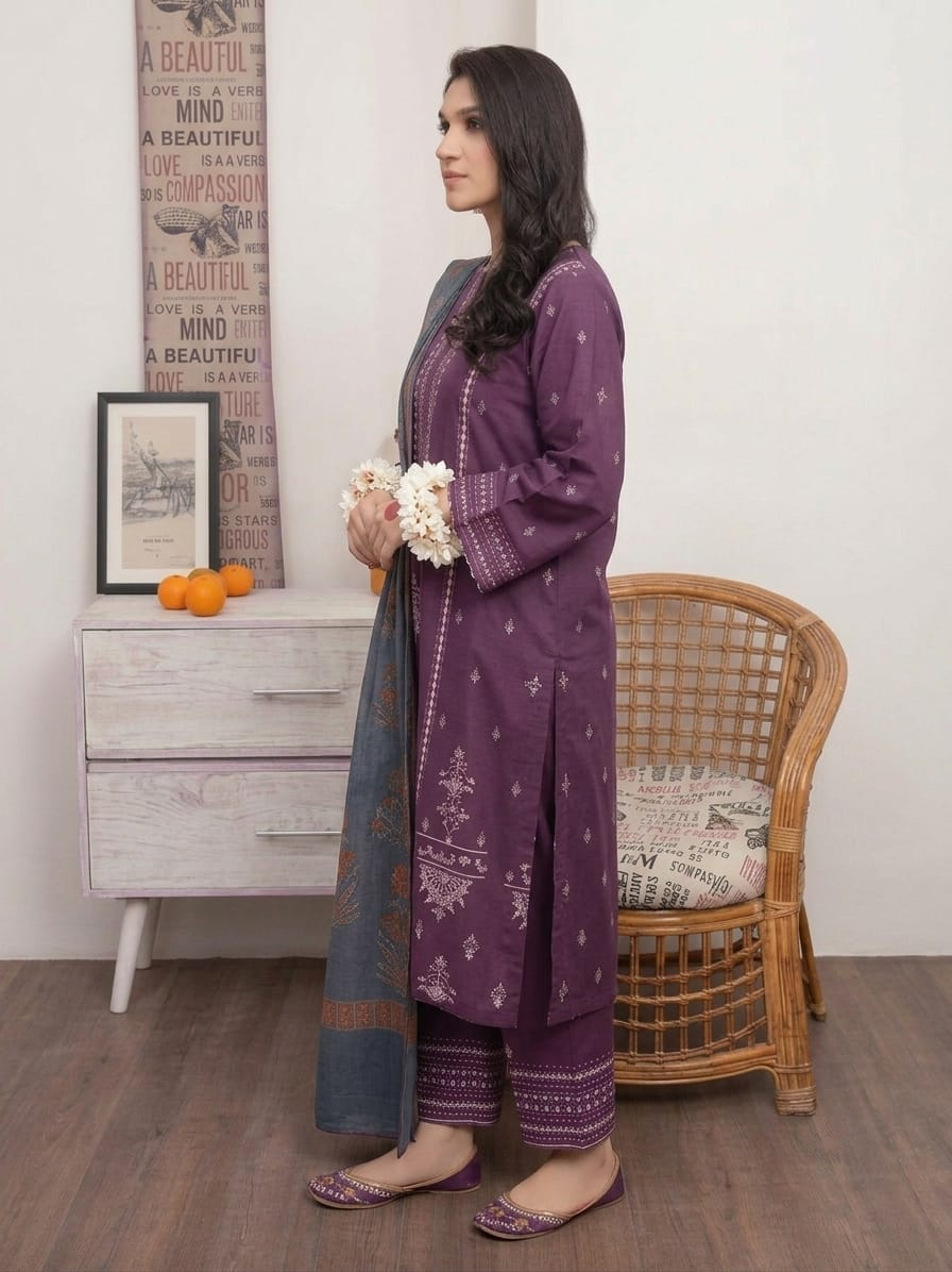 Nayab Premium 3-Piece Embroidered Lawn Suit – Royal Purple with Digital Printed Dupatta