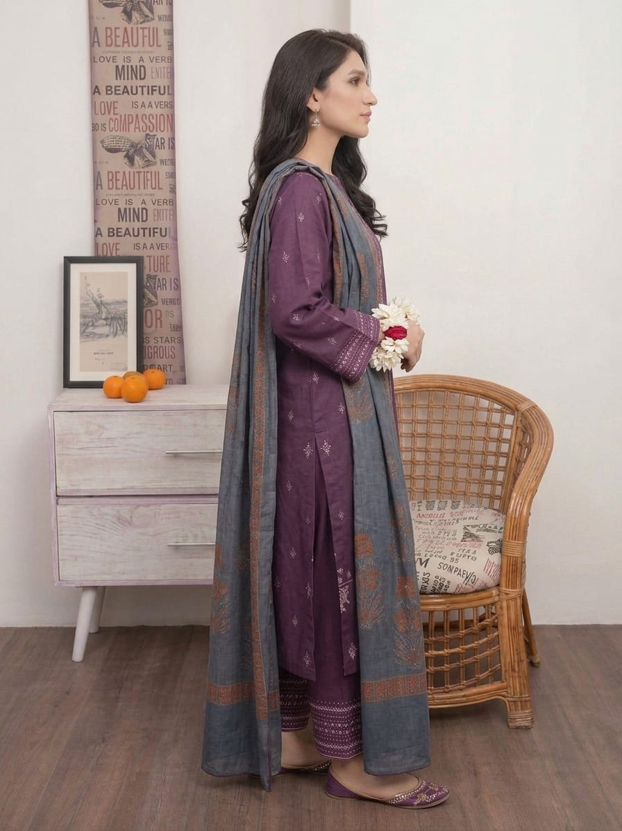 Nayab Premium 3-Piece Embroidered Lawn Suit – Royal Purple with Digital Printed Dupatta