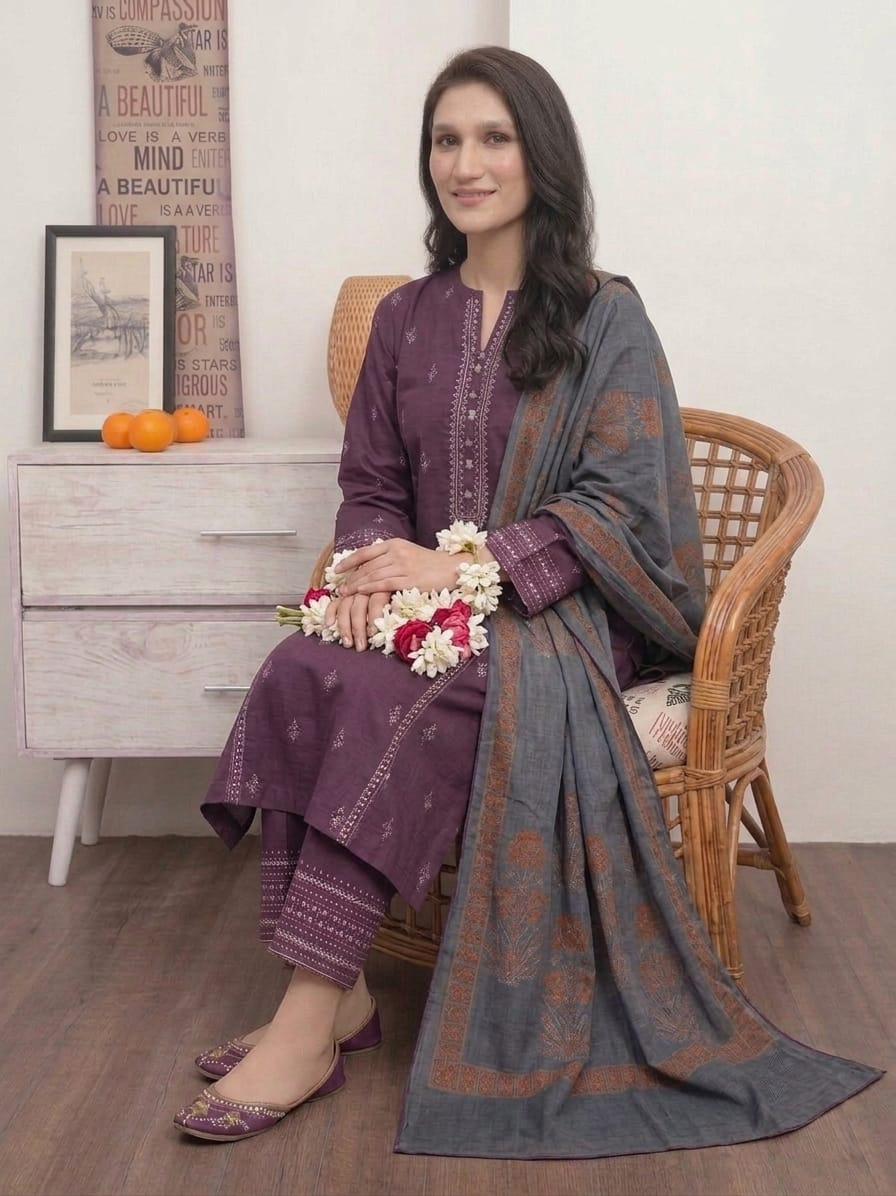 Nayab Premium 3-Piece Embroidered Lawn Suit – Royal Purple with Digital Printed Dupatta