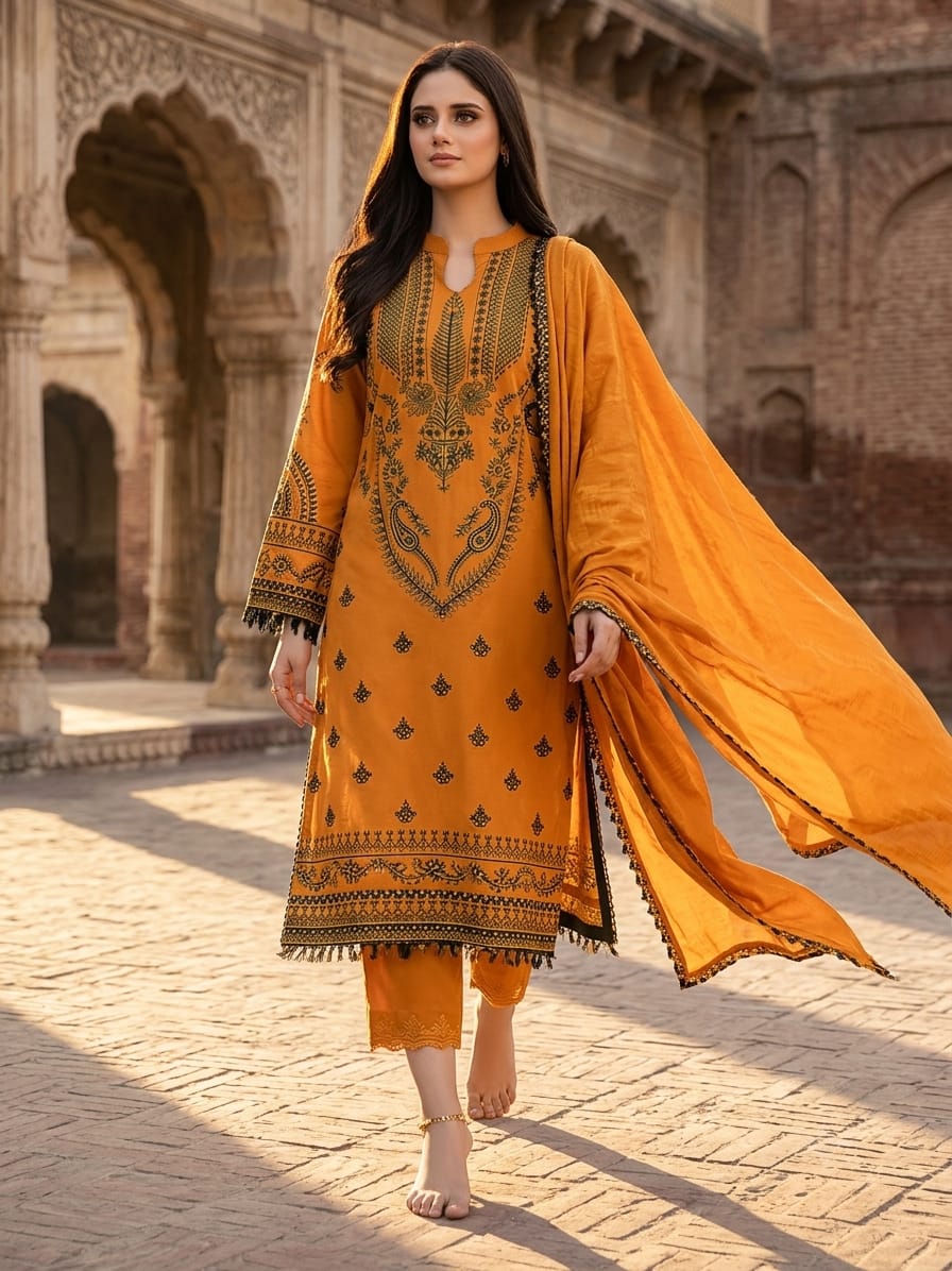 Nayab Premium 3-Piece Embroidered Lawn Suit – Mustard Yellow with Chiffon Dupatta