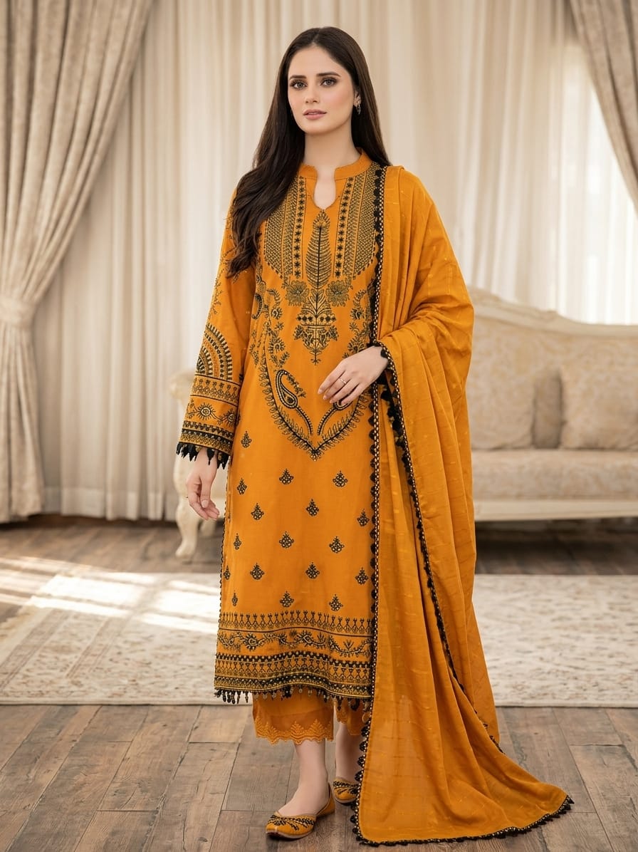 Nayab Premium 3-Piece Embroidered Lawn Suit – Mustard Yellow with Chiffon Dupatta