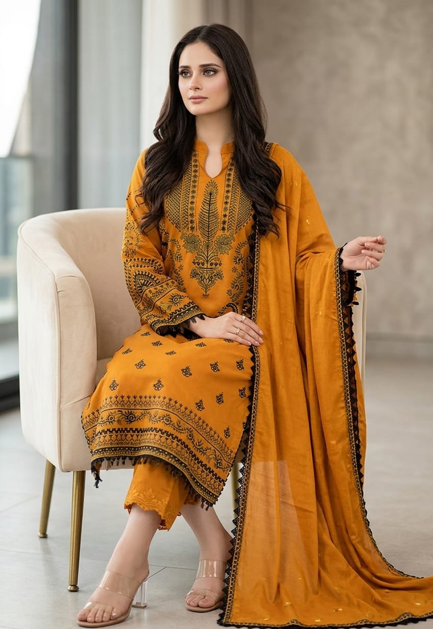 Nayab Premium 3-Piece Embroidered Lawn Suit – Mustard Yellow with Chiffon Dupatta