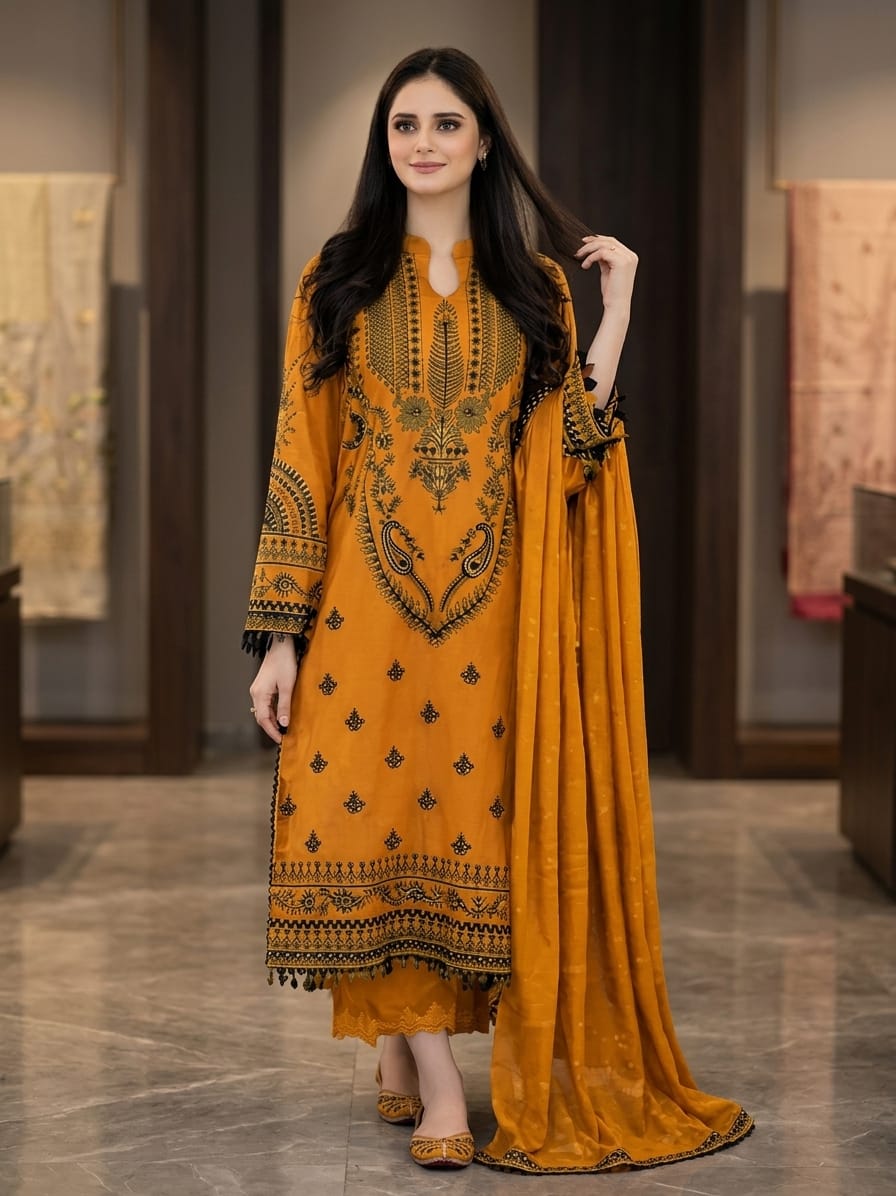 Nayab Premium 3-Piece Embroidered Lawn Suit – Mustard Yellow with Chiffon Dupatta