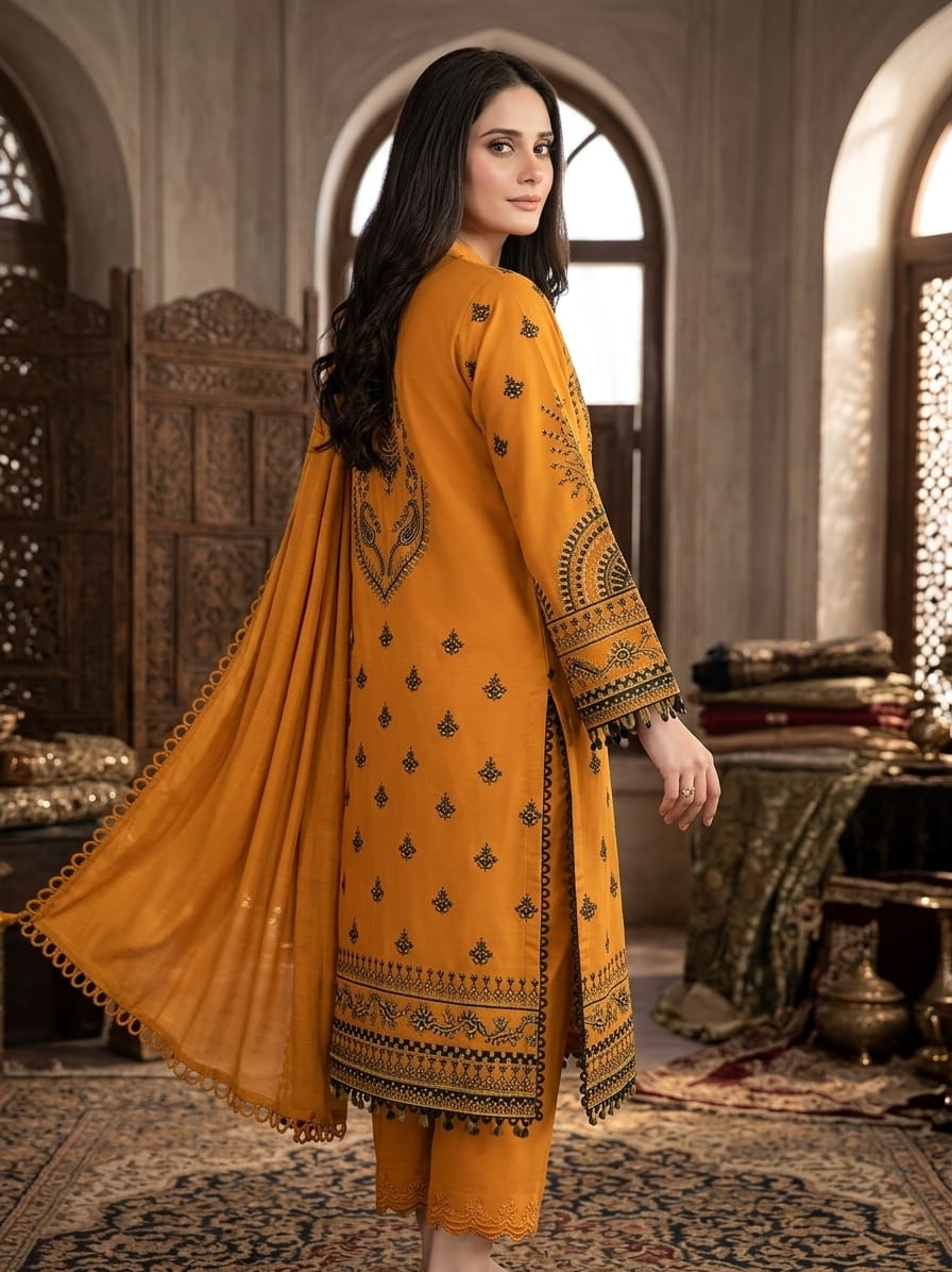 Nayab Premium 3-Piece Embroidered Lawn Suit – Mustard Yellow with Chiffon Dupatta
