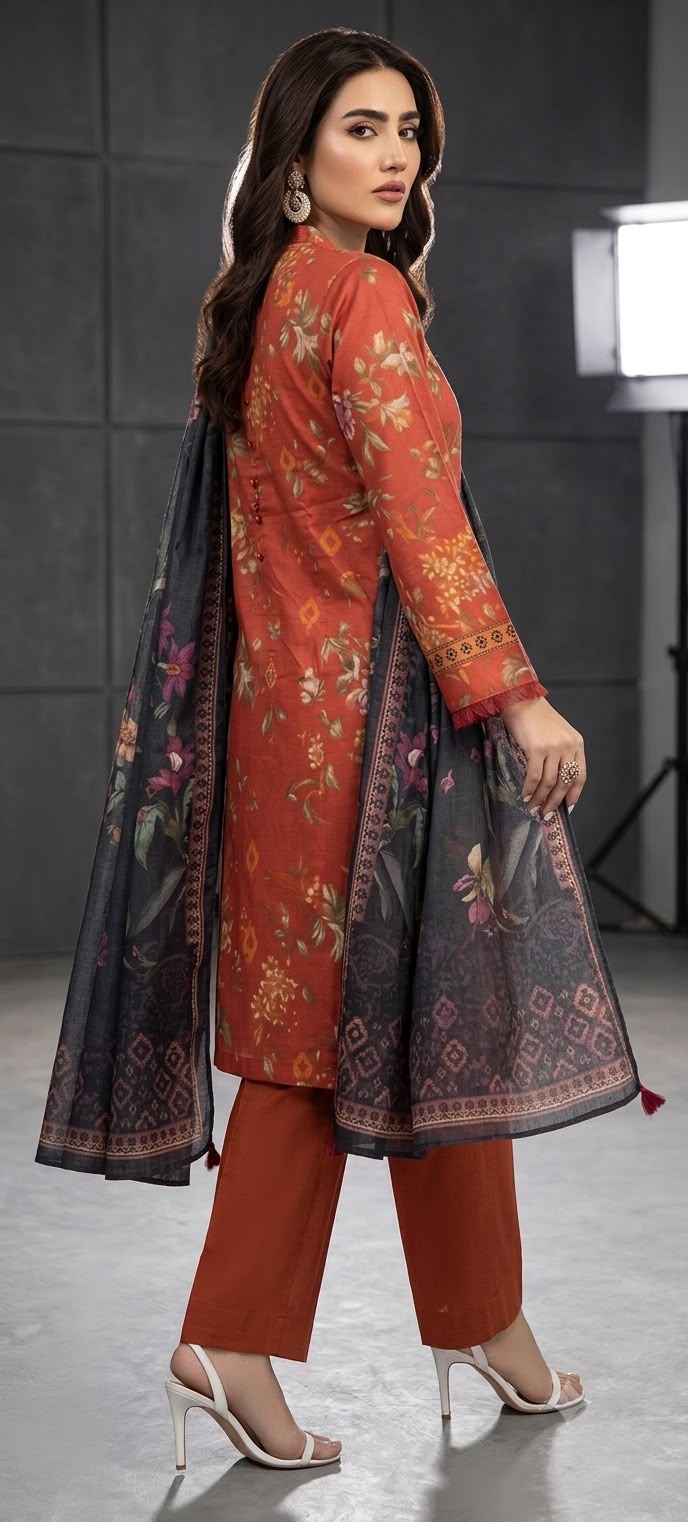 NAYAB Rust Orange Digital Printed 3 Piece Lawn Suit – Article 11