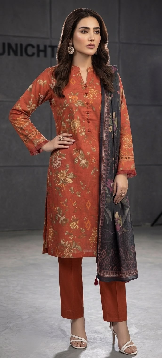 NAYAB Rust Orange Digital Printed 3 Piece Lawn Suit – Article 11