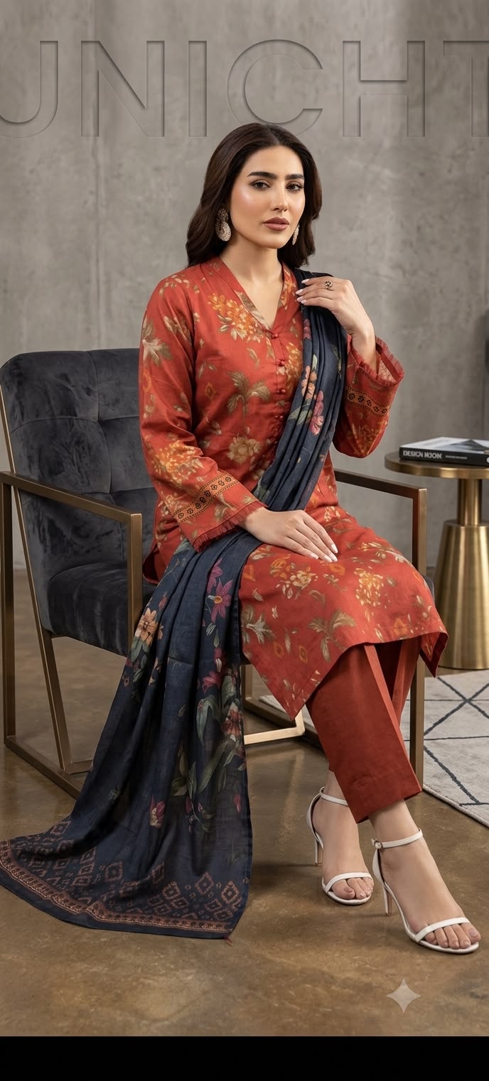 NAYAB Rust Orange Digital Printed 3 Piece Lawn Suit – Article 11