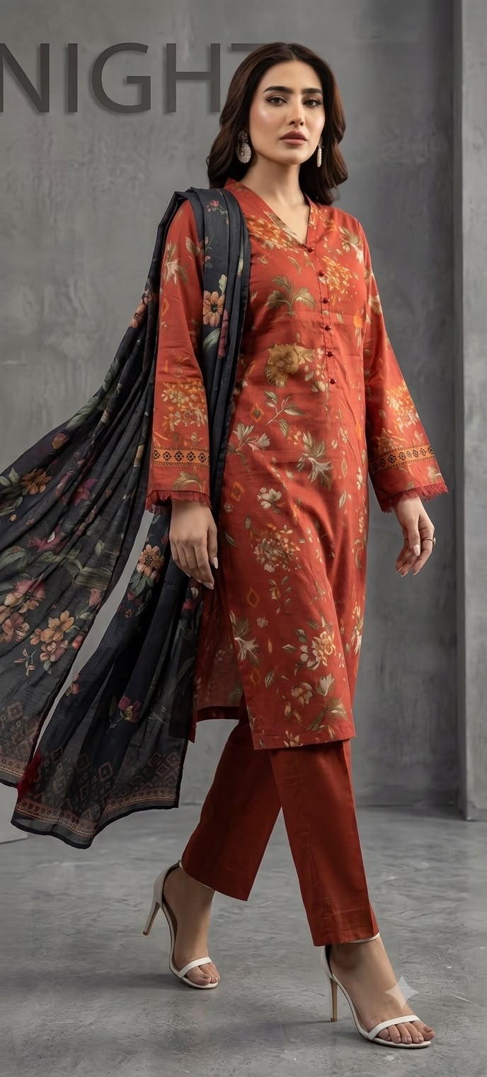 NAYAB Rust Orange Digital Printed 3 Piece Lawn Suit – Article 11