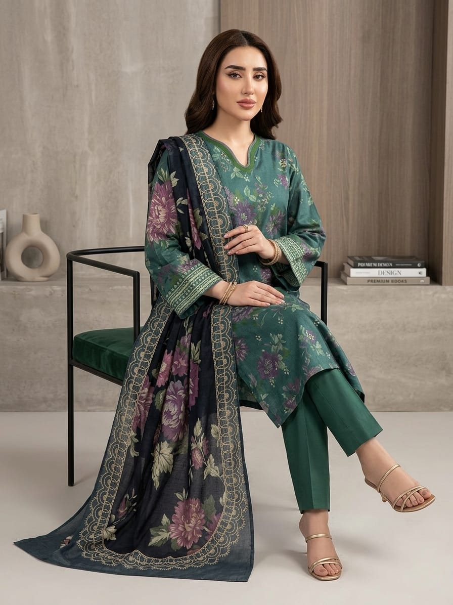 Nayab Premium 3-Piece Printed Lawn Suit – Midnight Bloom Green with Printed Dupatta