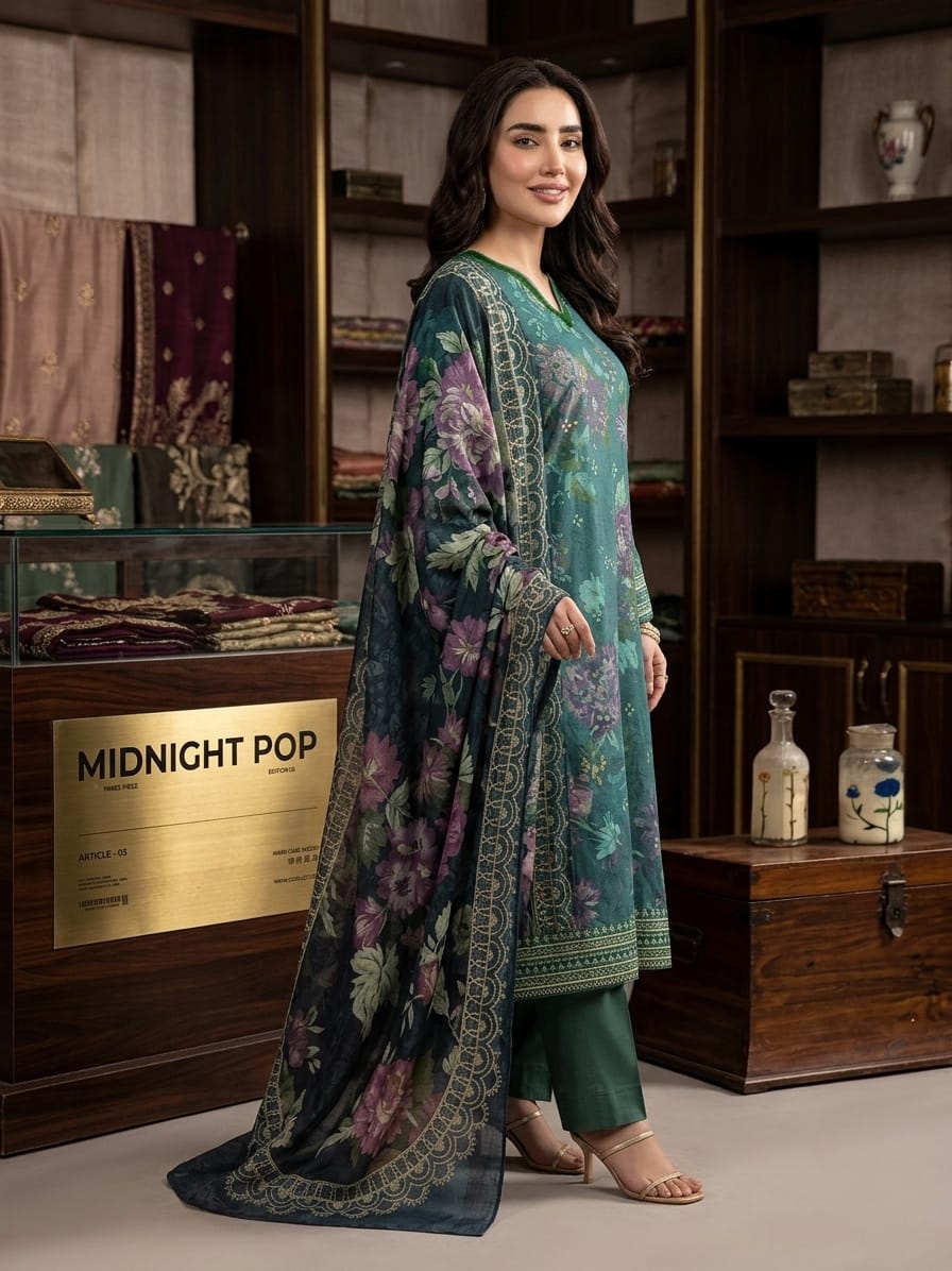 Nayab Premium 3-Piece Printed Lawn Suit – Midnight Bloom Green with Printed Dupatta