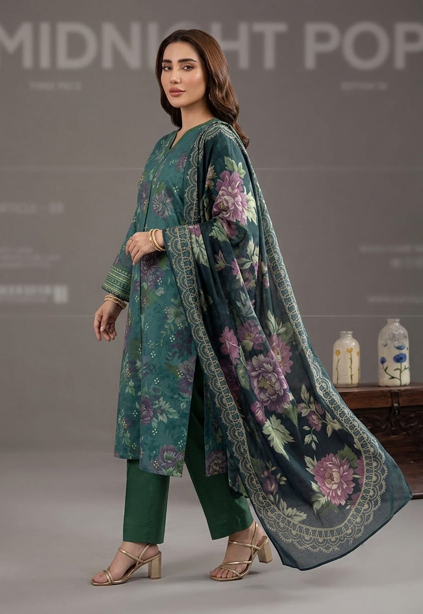 Nayab Premium 3-Piece Printed Lawn Suit – Midnight Bloom Green with Printed Dupatta