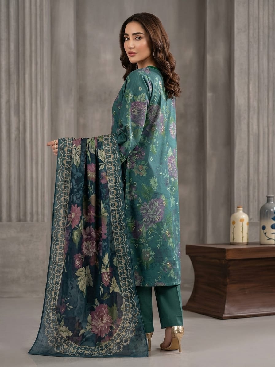 Nayab Premium 3-Piece Printed Lawn Suit – Midnight Bloom Green with Printed Dupatta