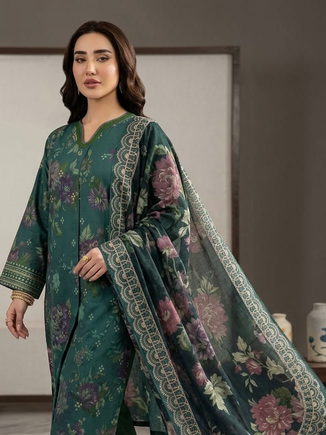 Nayab Premium 3-Piece Printed Lawn Suit – Midnight Bloom Green with Printed Dupatta