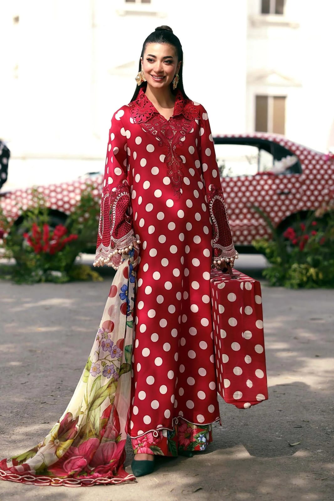 Nayab | Red Polka Dot Lawn 3-Piece Unstitched Suit with Digital Chiffon Dupatta
