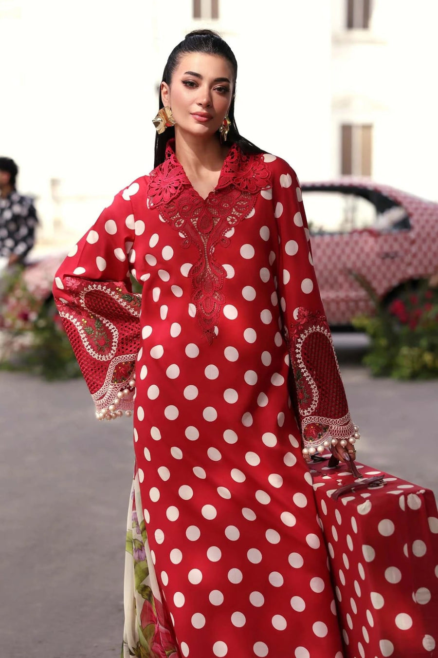 Nayab | Red Polka Dot Lawn 3-Piece Unstitched Suit with Digital Chiffon Dupatta