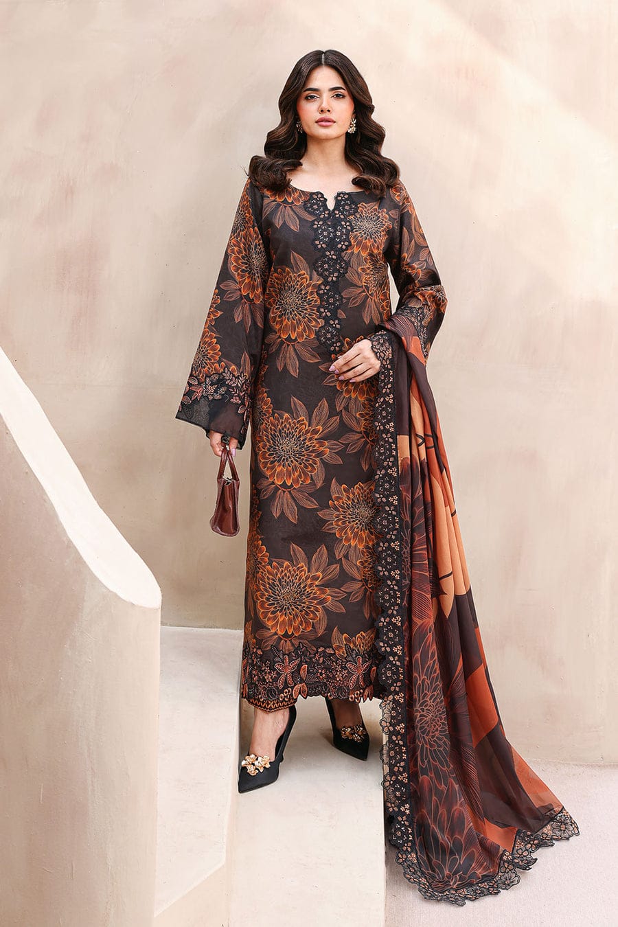 Nayab | Black & Rust Floral Printed Lawn 3-Piece Unstitched Suit with Digital Chiffon Dupatta