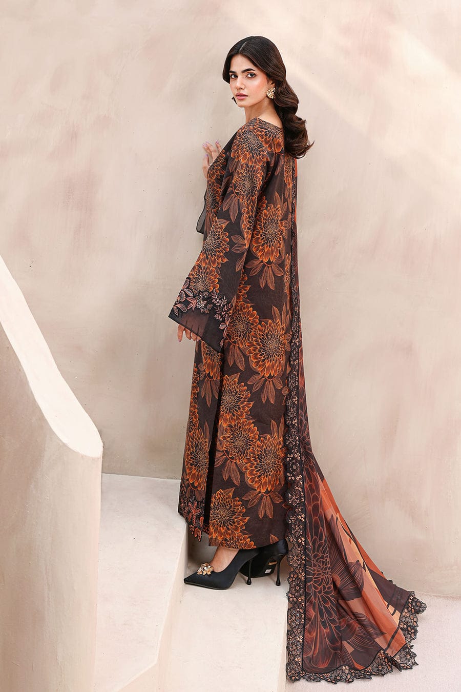 Nayab | Black & Rust Floral Printed Lawn 3-Piece Unstitched Suit with Digital Chiffon Dupatta