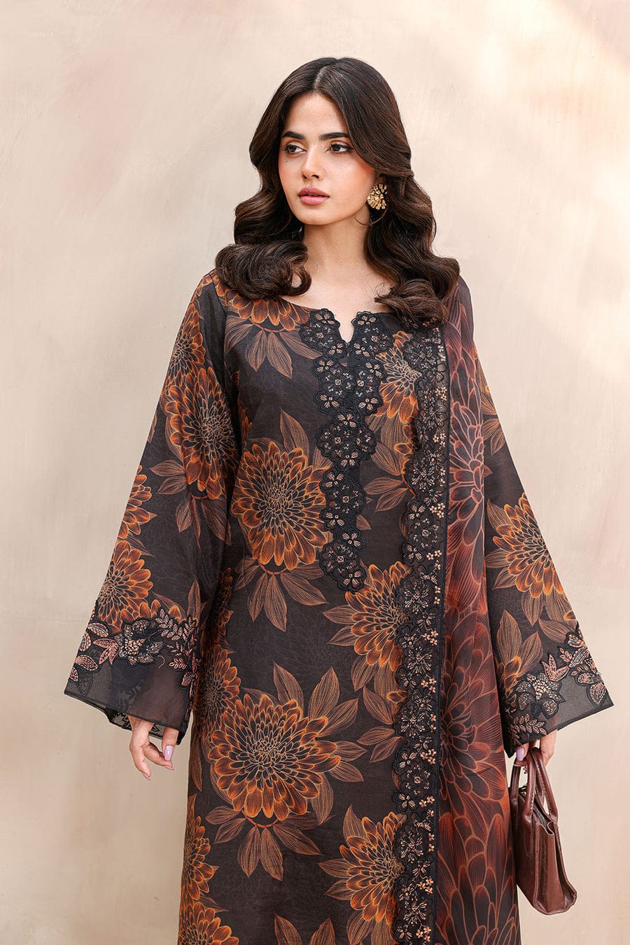 Nayab | Black & Rust Floral Printed Lawn 3-Piece Unstitched Suit with Digital Chiffon Dupatta
