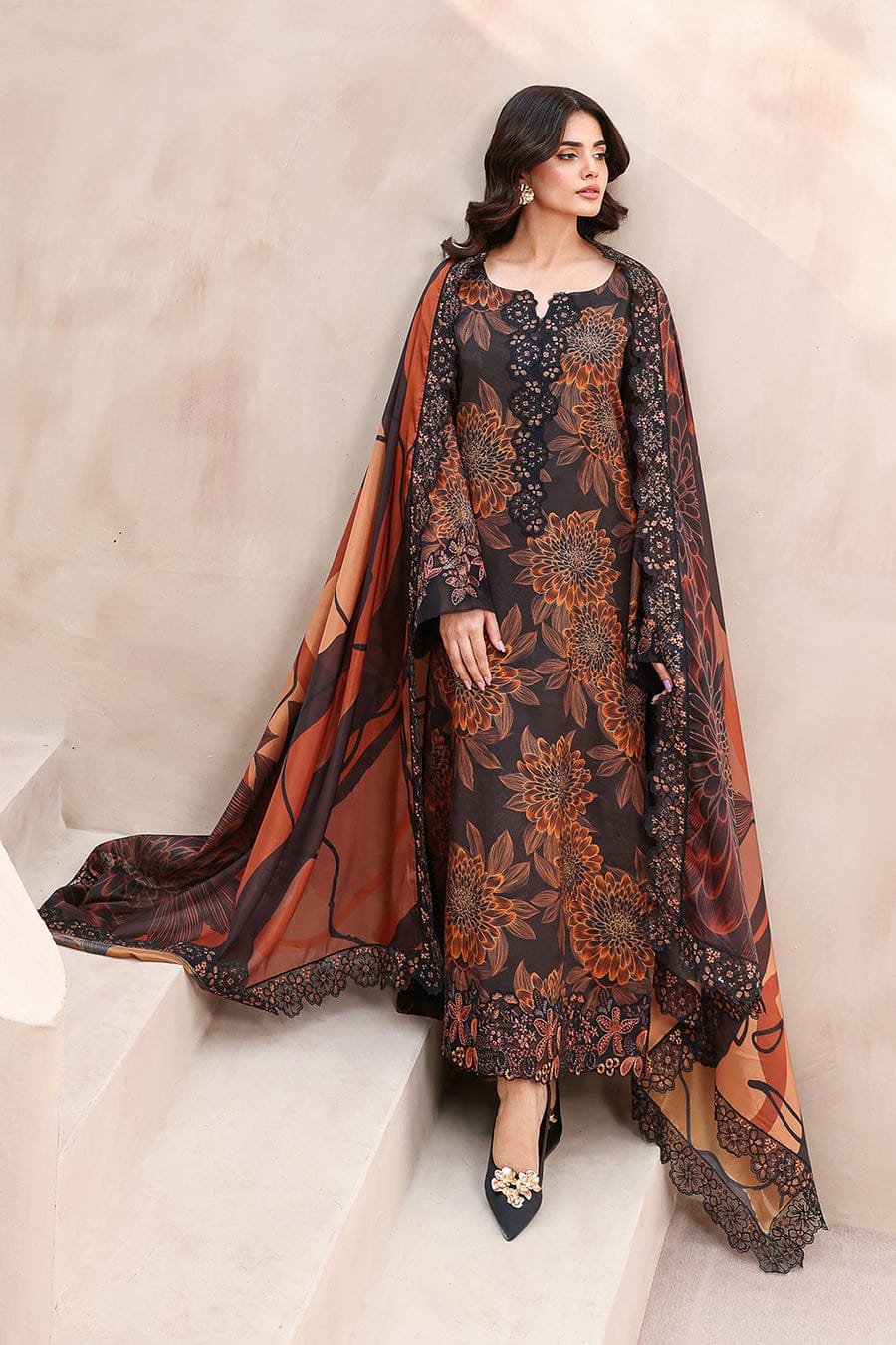 Nayab | Black & Rust Floral Printed Lawn 3-Piece Unstitched Suit with Digital Chiffon Dupatta