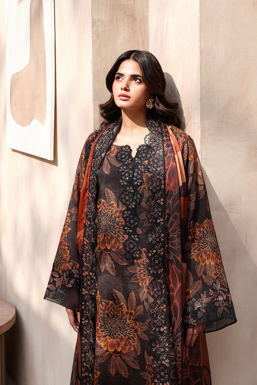 Nayab | Black & Rust Floral Printed Lawn 3-Piece Unstitched Suit with Digital Chiffon Dupatta