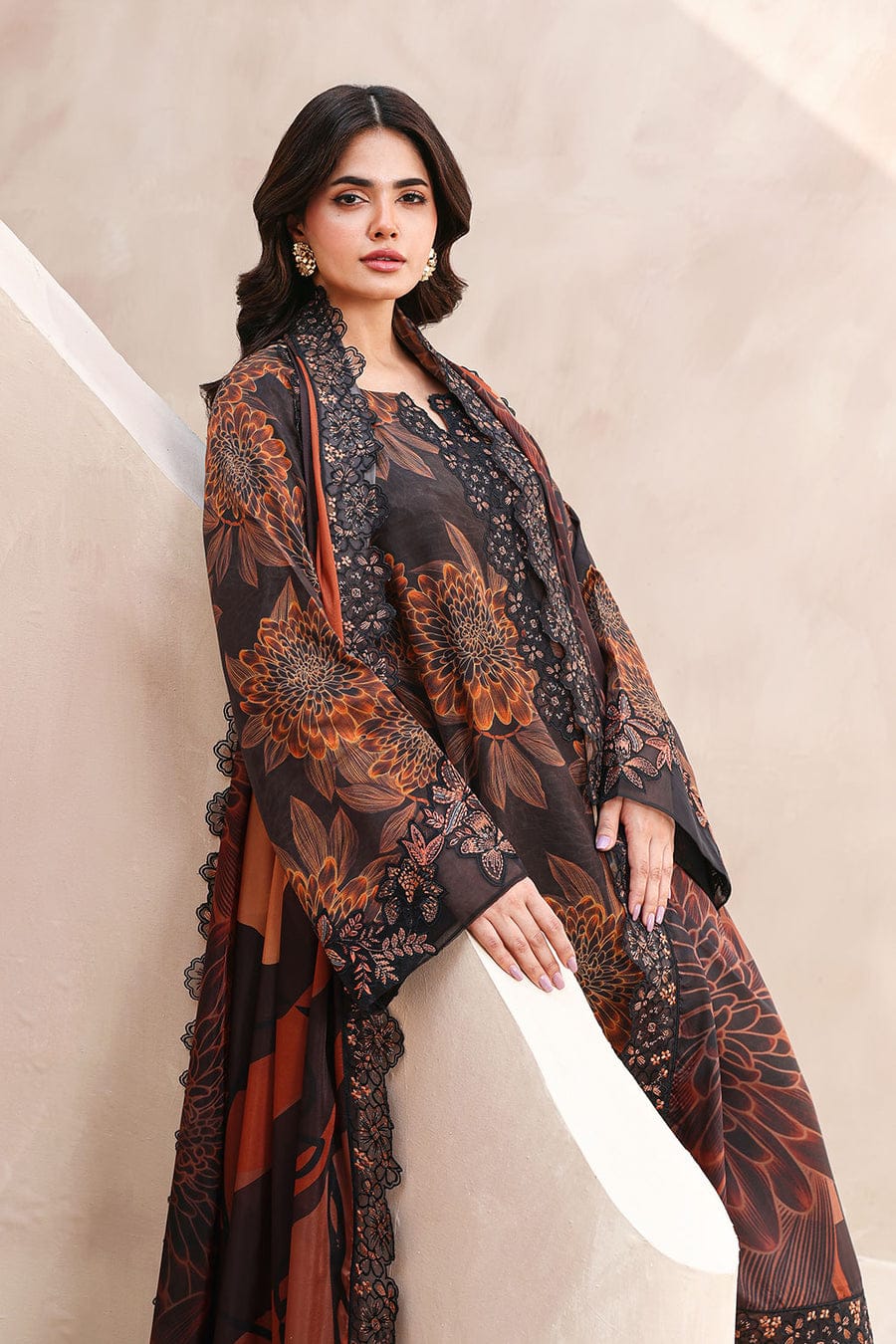 Nayab | Black & Rust Floral Printed Lawn 3-Piece Unstitched Suit with Digital Chiffon Dupatta