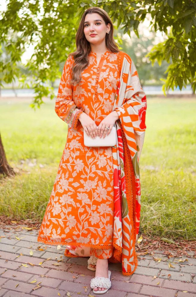 Nayab | Orange Floral Printed Lawn 3-Piece Unstitched Suit with Digital Chiffon Dupatta
