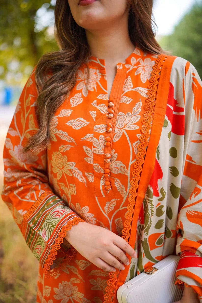Nayab | Orange Floral Printed Lawn 3-Piece Unstitched Suit with Digital Chiffon Dupatta