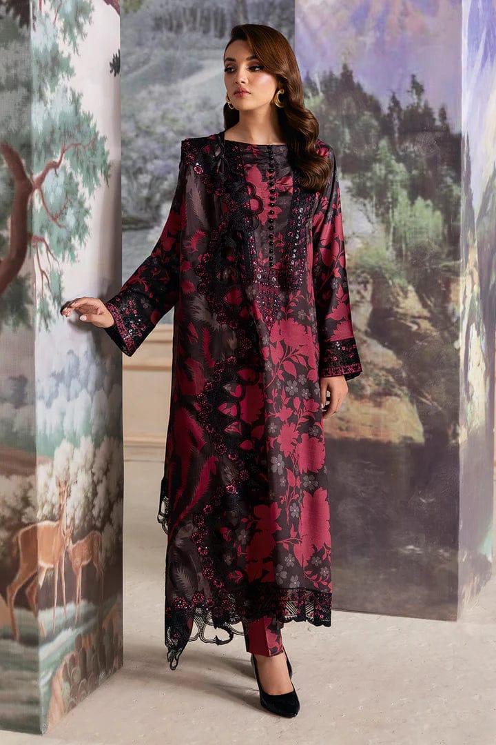 Nayab | Black &amp; Maroon Floral Printed Lawn 3-Piece Unstitched Suit with Digital Chiffon Dupatta